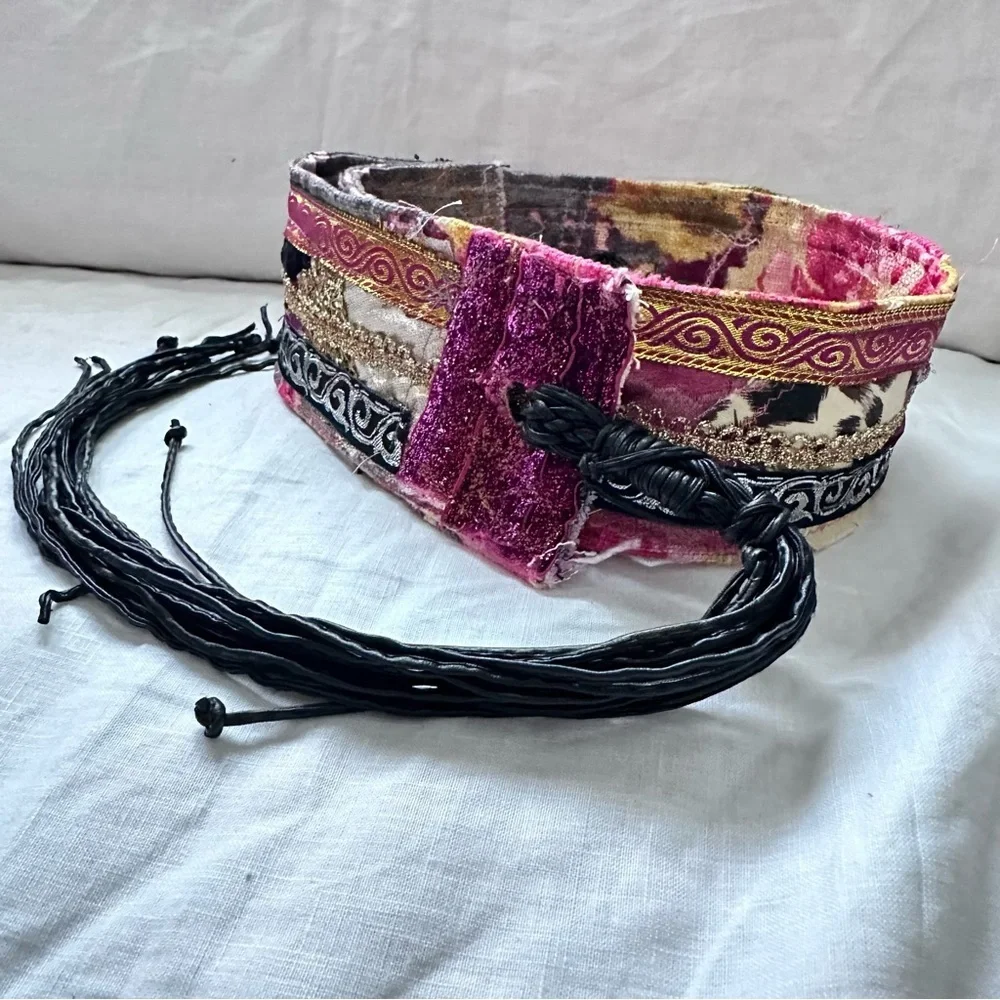 Artisan Floral Tapestry Tie Belt Pink and Black & Gold Accents Handmade Signed